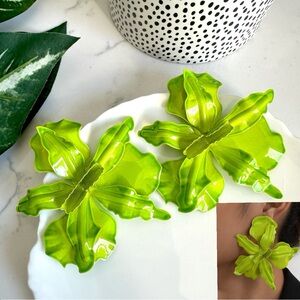 2/$30🌵 Lime Green Iris Flower Earrings Zara Statement Jumbo Garden Jewelry NEW